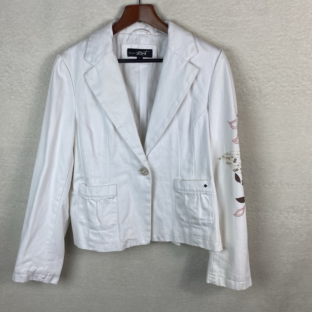 VTG Black Rivet by G-III White Denim‎ Jacket Floral Print Sequins Size XL